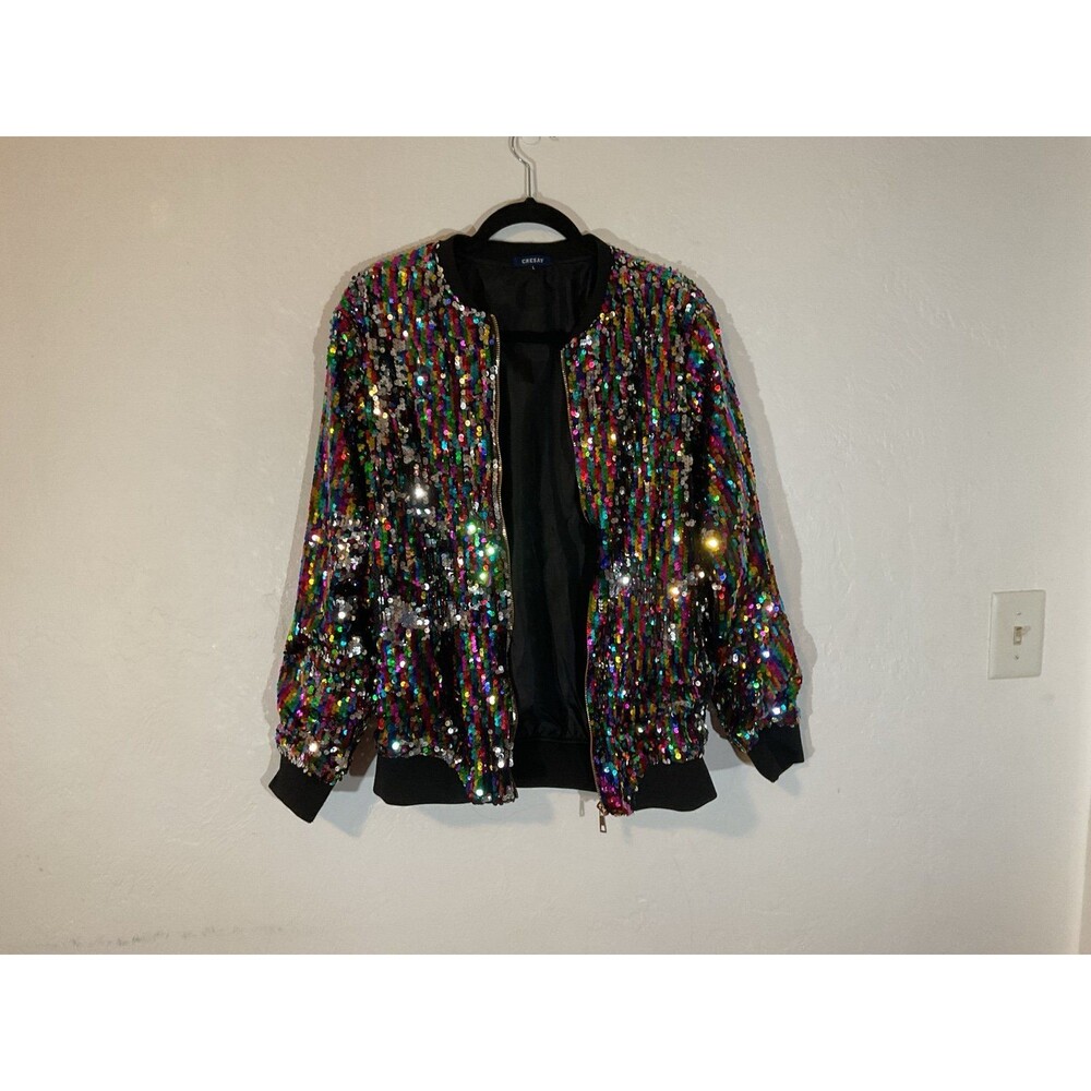 Cresay Sequin Bomber Jacket Women’s Large Multicolor Rainbow Sparkle Zip-Up Stat